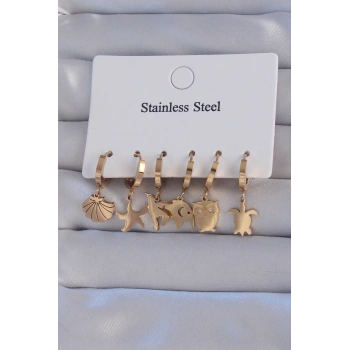 316L Çelik Gold Renk Zirkon Taşlı Hayvan Figürlü Deniz Yıldızı Model Halka Küpe Seti - TJ-BKP9155