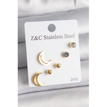 316L Çelik Gold Renk Zirkon Taşlı Hilal Model Kadın Küpe Seti - TJ-BKP10009