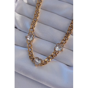 316L Çelik Gold Renk Zirkon Taşlı Kalp Model Zincir Kolye - TJ-BKO8949
