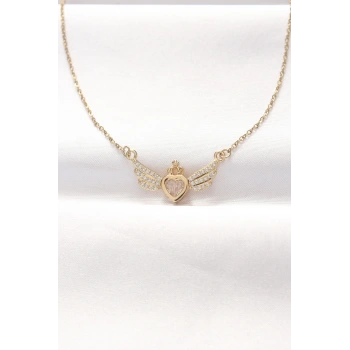 316L Çelik Gold Renk Zirkon Taşlı Kalpli Kanat Kolye - TJ-BKO8516