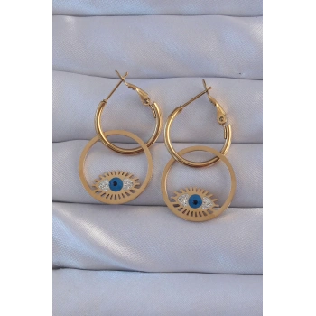 316L Çelik Gold Renk Zirkon Taşlı Mavi Göz Tasarımlı Halka Küpe - TJ-BKP9161