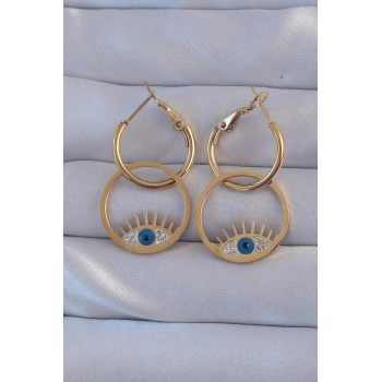 316L Çelik Gold Renk Zirkon Taşlı Mavi Göz Tasarımlı Halka Küpe - TJ-BKP9164