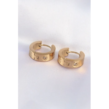316L Çelik Gold Renk Zirkon Taşlı Minimal Model Halka Küpe - TJ-BKP9007