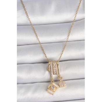 316L Çelik Gold Renk Zirkon Taşlı Sallantı Fotoğraf Makinası Figür Charm Kadın Kolye - TJ-BKO10097