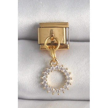 316L Çelik Gold Renk Zirkon Taşlı Sallantı Güneş Model Nomination Charm - TJ-BC1353