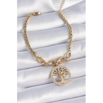 316L Çelik Gold Renk Zirkon Taşlı Yaşam Ağacı Figür Kadın Bileklik - TJ-BB6452