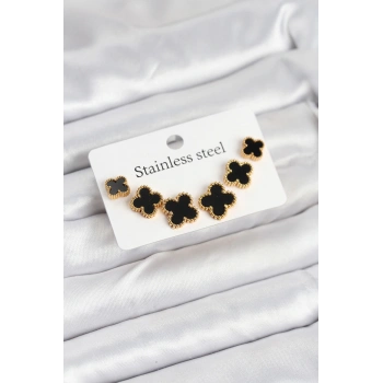 316L Çelik Gold Siyah Renk 3 Boy Yonca Küpe Seti - TJ-BKP11235