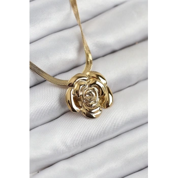 316L Çelik Gül Figürlü İtalyan Zincir Model Gold Renk Kadın Kolye - TJ-BKO10513