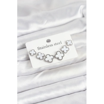 316L Çelik Gümüş Beyaz Renk 3 Boy Yonca Küpe Seti - TJ-BKP11236