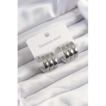 316L Çelik Gümüş Renk 3lü Görünüm Bombe Model Yarım Halka Küpe - TJ-BKP9490