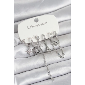 316L Çelik Gümüş Renk 6lı Set Charmlı Kadın Küpe - TJ-BKP11750