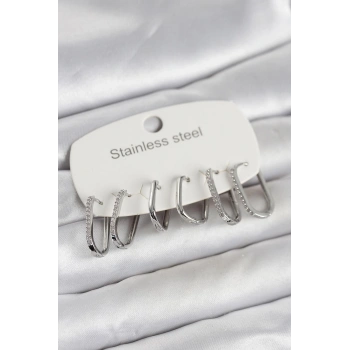 316L Çelik Gümüş Renk 6lı Set Geometrik Model Kadın Küpe - TJ-BKP11742
