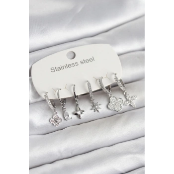 316L Çelik Gümüş Renk 6lı Set Yonca Model Kadın Küpe - TJ-BKP11744