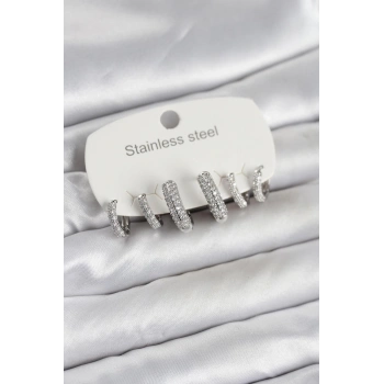 316L Çelik Gümüş Renk 6lı Set Zirkon Taşlı Halka Model Kadın Küpe - TJ-BKP11754