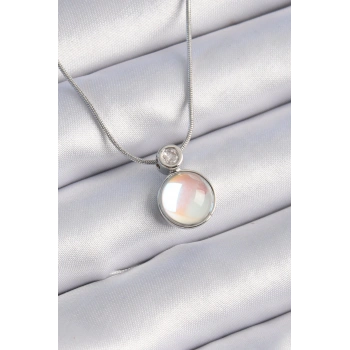 316L Çelik Gümüş Renk Beyaz Sedefli Vintage Model Kadın Kolye - TJ-BKO9327