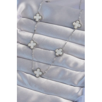 316L Çelik Gümüş Renk Beyaz Sedefli Yonca Kolye - TJ-BKO8995