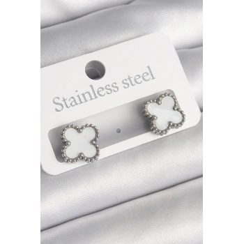 316L Çelik Gümüş Renk Beyaz Yonca Model Kadın Küpe - TJ-BKP10200