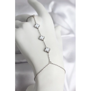 316L Çelik Gümüş Renk Beyaz Yonca Model Kadın Şahmeran - TJ-SN735