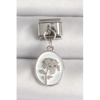 316L Çelik Gümüş Renk Çiçek İşlemeli Beyaz Portre Model Nomination Charm - TJ-BC1214