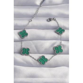 316L Çelik Gümüş Renk Çizgili Yeşil Mineli Yonca Bileklik - TJ-BB6259