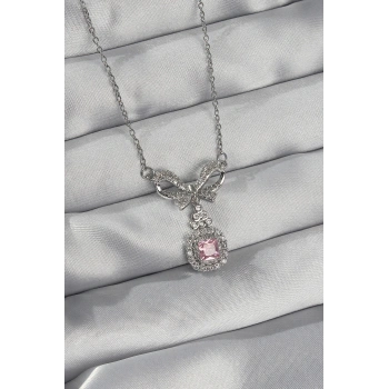 316L Çelik Gümüş Renk Fiyonk Detay Pembe Zirkon Taşlı Tektaş Kolye - TJ-BKO8923