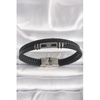 316L Çelik Gümüş Renk Gemi Dümeni Figür Siyah Burgu Deri Kordon Model Erkek Bileklik - TJ-EB3701