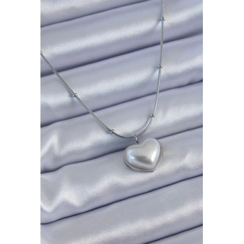 316L Çelik Gümüş Renk İncili Kalp Model Minimal Top Detay Kadın Kolye - TJ-BKO7614