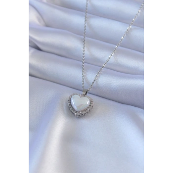 316L Çelik Gümüş Renk İncili Kalp Model Zirkon Taşlı Kadın Kolye - TJ-BKO7567