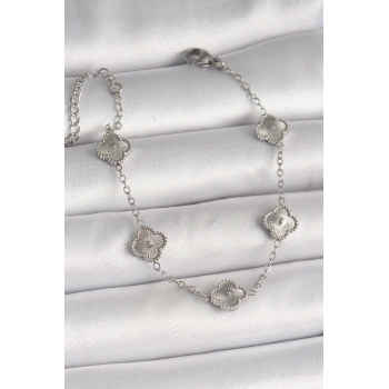 316L Çelik Gümüş Renk İşlemeli Yonca Model Kadın Bileklik - TJ-BB6927