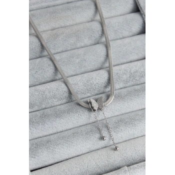 316L Çelik Gümüş Renk İtalyan Zincir Model Simli Kelebek Figür Kadın Kolye - TJ-BKO7676