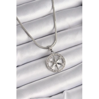 316L Çelik Gümüş Renk İtalyan Zincir Zirkon Taşlı Kutup Yıldız Model Kadın Kolye - TJ-BKO9594