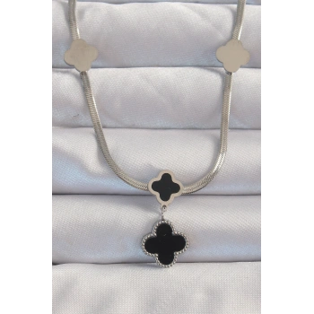 316L Çelik Gümüş Renk İtalyan Zincirli Mineli Yonca Kolye - TJ-BKO8970