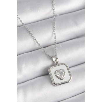 316L Çelik Gümüş Renk Kare Madalyon Kalp Zirkon Taş İşleme Kadın Kolye - TJ-BKO9525