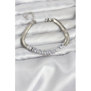 316L Çelik Gümüş Renk Kare Zirkon Taşlı Yılan Zincirli Kadın Bileklik - TJ-BB8153