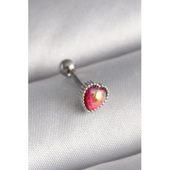 316L Çelik Gümüş Renk Kırmızı Mineli Kalp Tragus Piercing - TJ-PR1267
