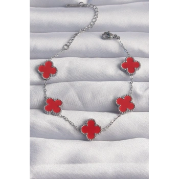 316L Çelik Gümüş Renk Kırmızı Mineli Yonca Bileklik - TJ-BB6263