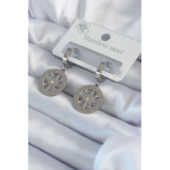 316L Çelik Gümüş Renk Kutup Yıldızı Model Zirkon Taş İşleme Detay Kadın Küpe - TJ-BKP8064