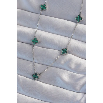 316L Çelik Gümüş Renk Minimal Yeşil Mineli Yonca Kolye - TJ-BKO8999