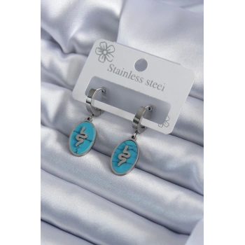 316L Çelik Gümüş Renk Oval Mavi Taşlı Yılan Figür Kadın Küpe - TJ-BKP7940