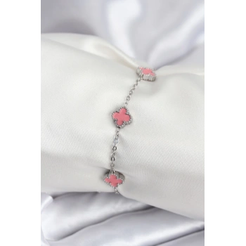 316L Çelik Gümüş Renk Pembe Baby Boy Yonca Kadın Bileklik - TJ-BB7947