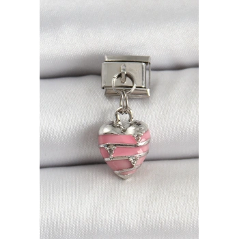 316L Çelik Gümüş Renk Pembe Kalp Model Nomination Charm - TJ-BC1495