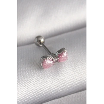 316L Çelik Gümüş Renk Pembe Kurdele Zirkon Taş Detay Tragus Piercing - TJ-PR1295