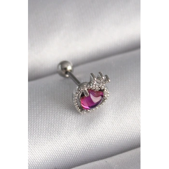 316L Çelik Gümüş Renk Pembe Mineli Kalp Zirkon Taş Detaylı Taç Tragus Piercing - TJ-PR1263