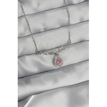 316L Çelik Gümüş Renk Pembe Zirkon Taşlı Damla Kolye - TJ-BKO8919
