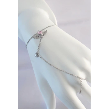 316L Çelik Gümüş Renk Pembe Zirkon Taşlı Kanatlı Kalp Model Şahmeran - TJ-SN584