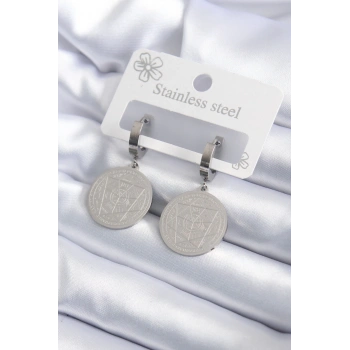 316L Çelik Gümüş Renk Pentagram İşleme Model Kadın Küpe - TJ-BKP7924