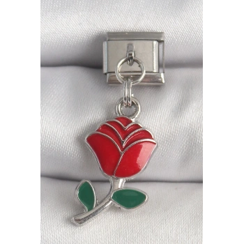 316L Çelik Gümüş Renk Sallantı Kırmızı Gül Model Nomination Charm - TJ-BC1379