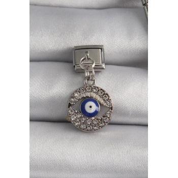 316L Çelik Gümüş Renk Sallantı Zirkon Taşlı Göz Model Nazar Boncuk Detay Nomination Charm - TJ-BC1121