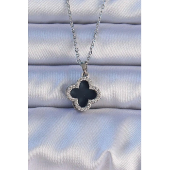 316L Çelik Gümüş Renk Siyah Mineli Zirkon Taşlı Yonca Figürlü Kolye - TJ-BKO9197