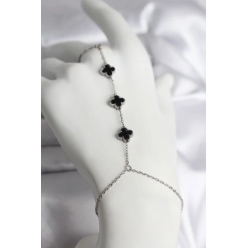 316L Çelik Gümüş Renk Siyah Yonca Model Kadın Şahmeran - TJ-SN737